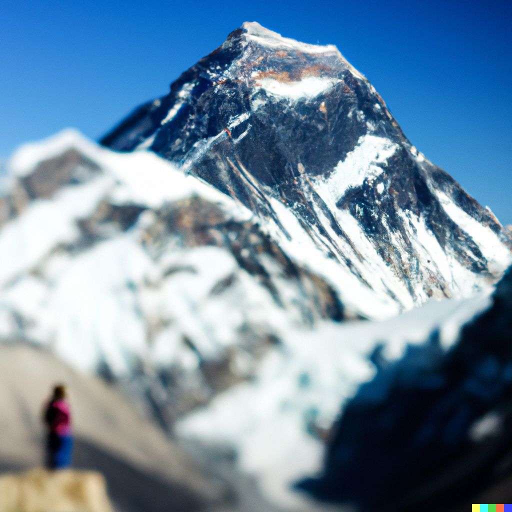someone gazing at Mount Everest, photograph, extreme tilt shift
